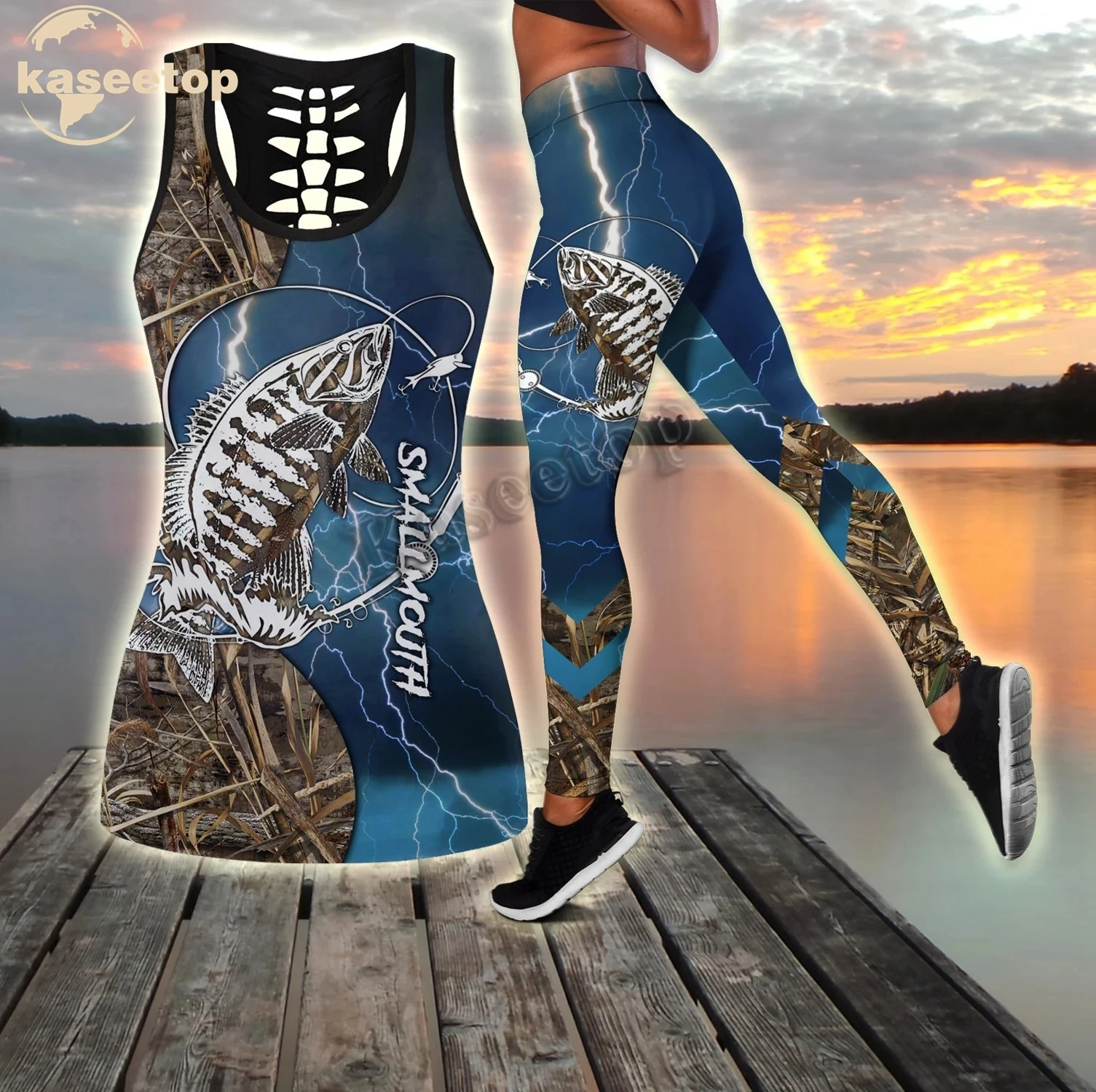 Bass Fishing Tattoo Blue 3D Print Women Two Piece Yoga Set Vest Hollow Combo Tank Top Legging Waist Sport Fitness Quick Dry 257