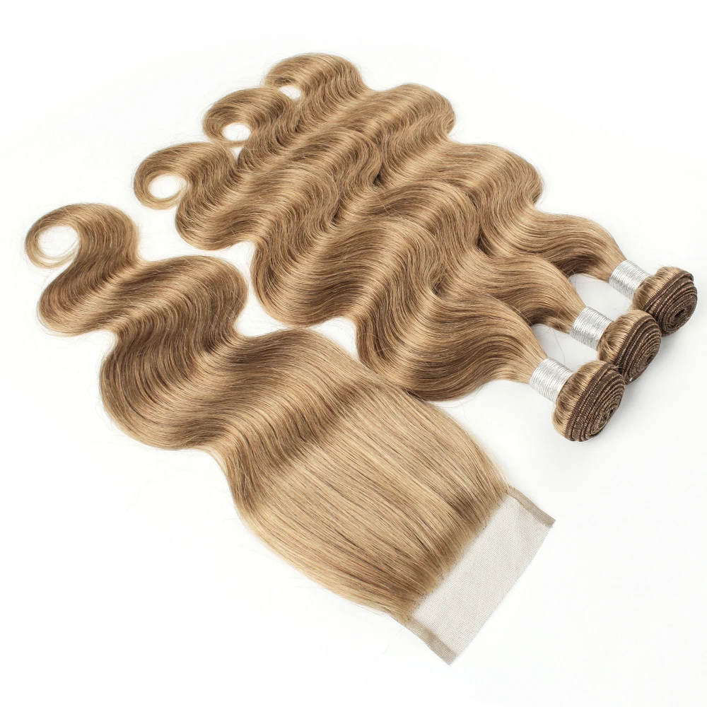 Gemlong 3 Bundles With 4*4 Lace Closure Body Wave #8 #27 #30 Remy Brazilian Human Hair Extension 300g/lot For Full Head