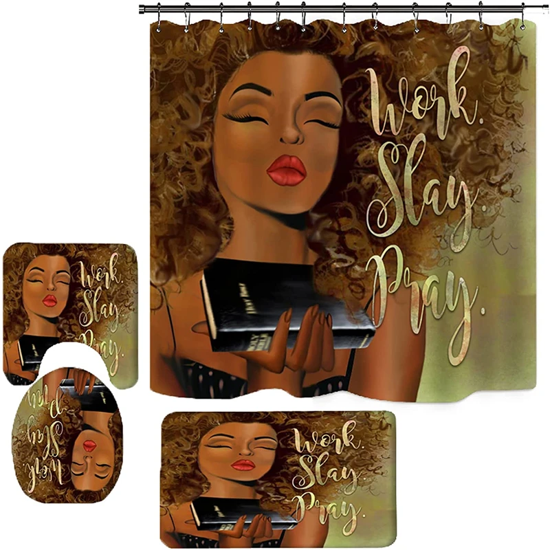 Afro Black Twins Glasses Girl African American Women Shower Curtain With Rugs 4 Pcs Sets For Bathroom Accessory Bath Decor