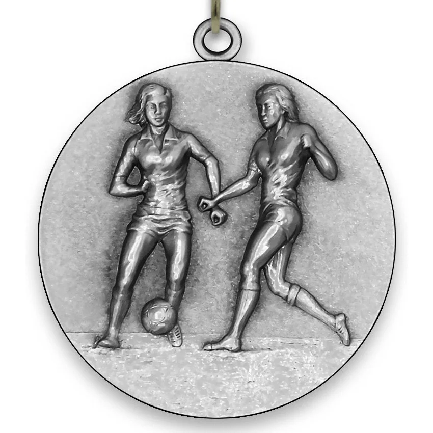 Large Metal Football Medal Female - Silver - 6,4 cm - with Neck Ribbon size 2,2cm x 80 cm - Choice of Ribbon Colours.