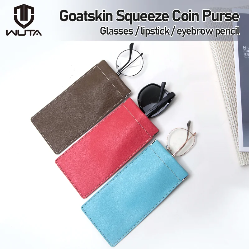 WUTA Hot Sale DIY Genuine  Leather Coin Purse Goatskin Squeeze Spring Coin Pouch Long Storage Bag for Lipstick,Glasses,Cosmetic