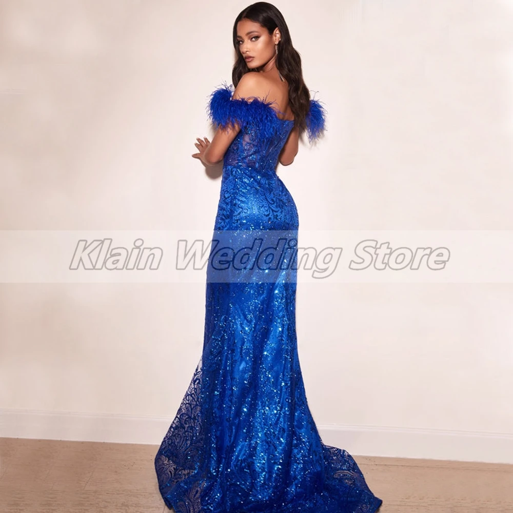 Weilinsha moderne koningsblauwe zeemeermin kant avondjurken glitter lovertjes off shoulder met veren prom jurken robe de soirée