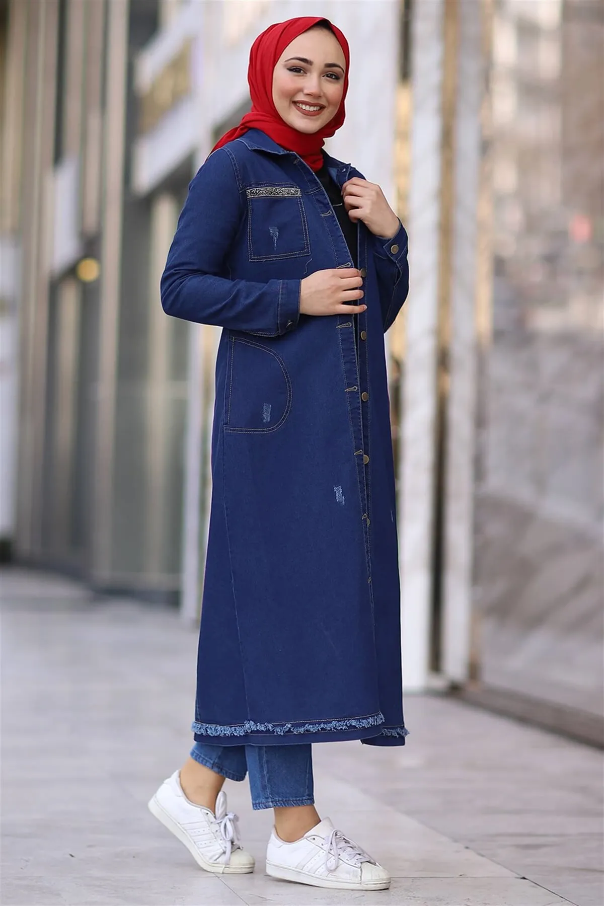 Pockets Sequins Detail Long Denim Jacket PANTS TUNIC SUMMER 2021müslüman long dress women Dubai turkish hijab girls Islamic clothing