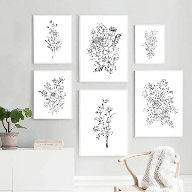 Flowers Abstract Plants Sketch Pencil Drawing Canvas Prints Wildflowers Botanical Black White Wall Art Pictures Painting Decor