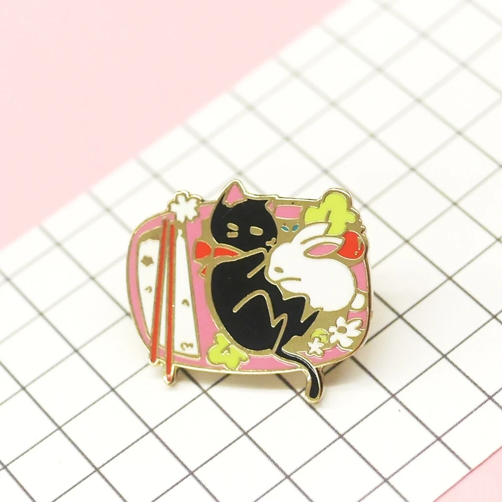 Cartoon Flowers Pink Delicacy Lunch Box Hard Enamel Pin Cute Animal Kawaii Black Cat White Rabbit Metal Brooch Accessories image 2