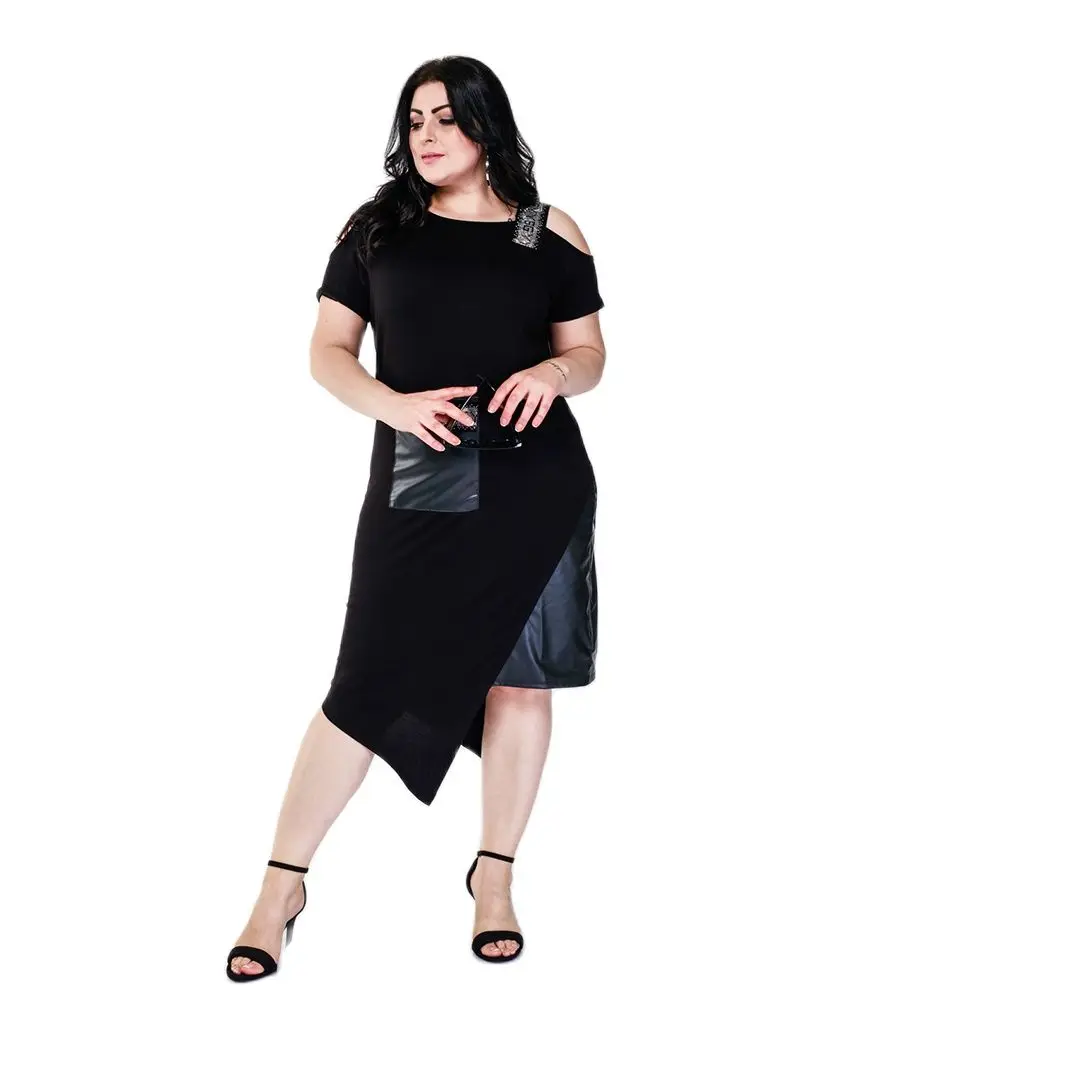 Women’s Plus Size Off Shoulder Diomand Detail Asymmetric Midi Black Dress, Designed and Made in Turkey, New Arrival