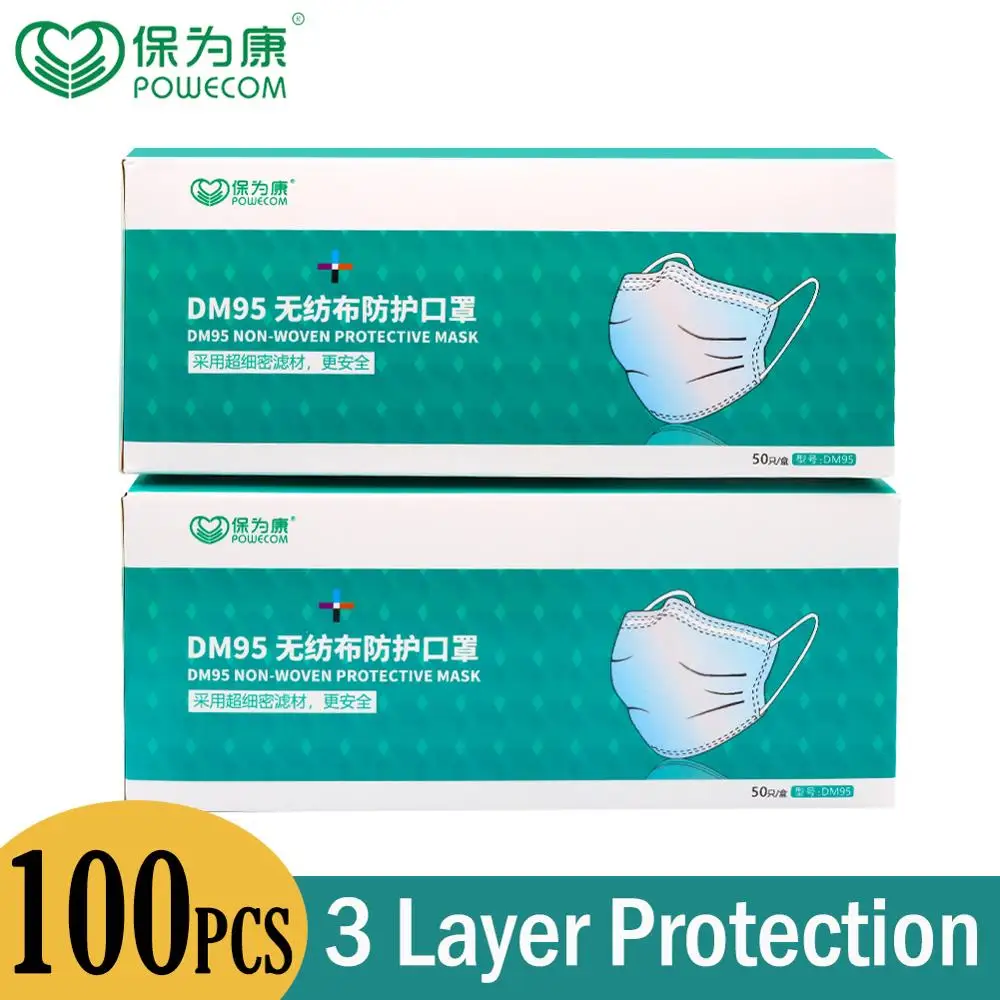 100/200/300Pcs POWECOM Disposable Face Mouth Mask  Protective Face Mask 3Layer Dustproof Nonwoven Safety Mouth Masks for Adult