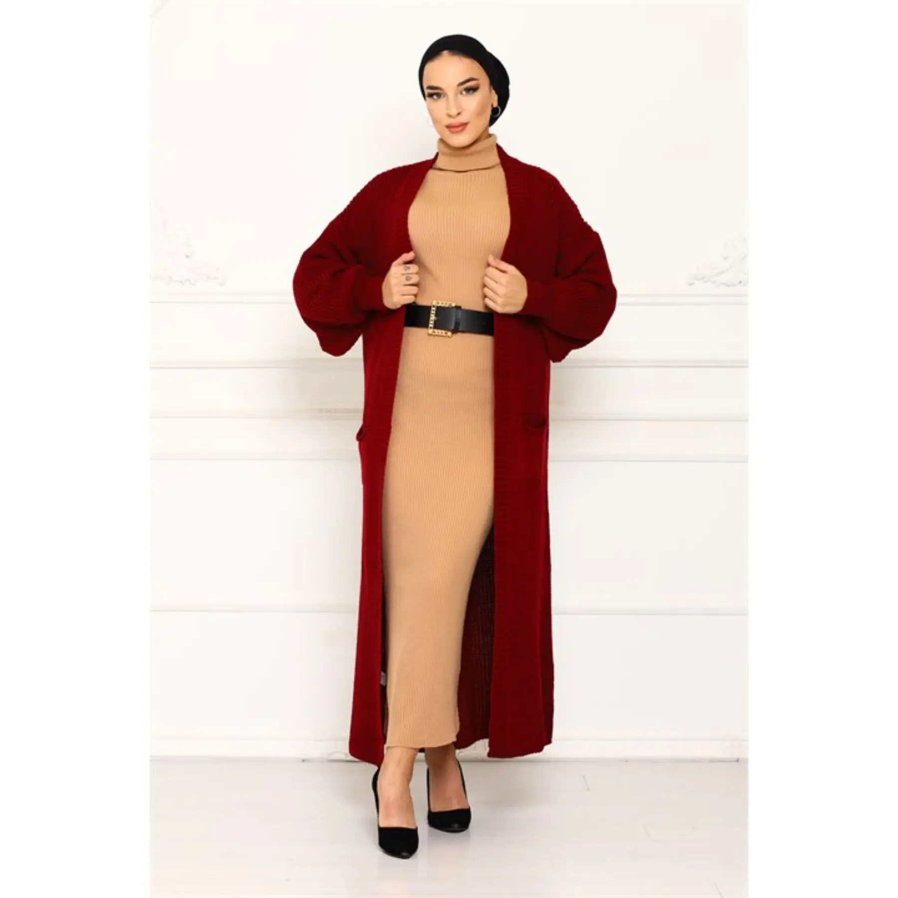 2 stück frauen Set Stickerei Gemusterte Strickwaren Maxi Rollkragen Kleid und Tasche Detaillierte Maxi Strickjacke Türkei Muslimischen Mode