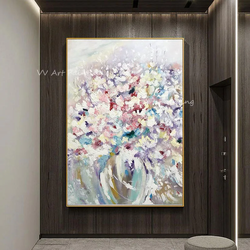 100% Handmade Impasto Floral Canvas Art, Vertical Pastel Bouquet in Vase Painting, Thick Texture Botanical Large Home Wall Decor