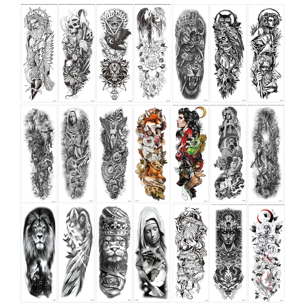 Waterproof Tattoo Sticker Totem Full Arm Large Size Sleeve Temporary Tattoos Lion  Wolf Death Fake Tattoo For Men Women Body Art