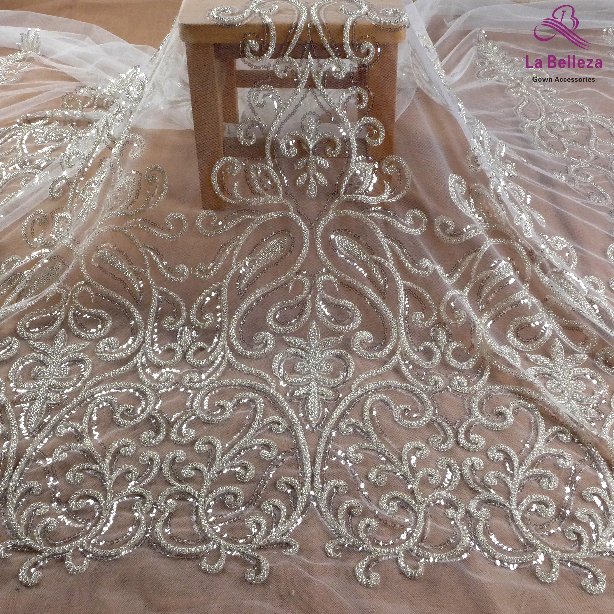 La Belleza 2021 fashion bridal lace,Large patterns lace fabric,silver beading wedding dress lace fabric 45\'\' width 1 yard