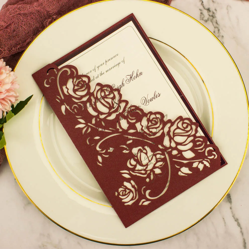 100pcs Free Shipping Laser Cut Burgundy Rose Invitations Hollow Wedding Invitation Cards For Bridal Shower Birthday Sweet Party