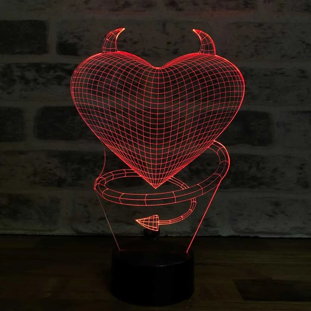 3D Illusion Devil Love Acrylic Led Lamp 12 Volt Adapter Daylight Design Wood Base 7 Diffrent Light Color Birthday Special Day Neon Sign Nightstand Decoration for Bedroom Fancy Room Decor Anime Wedding Stranger Things