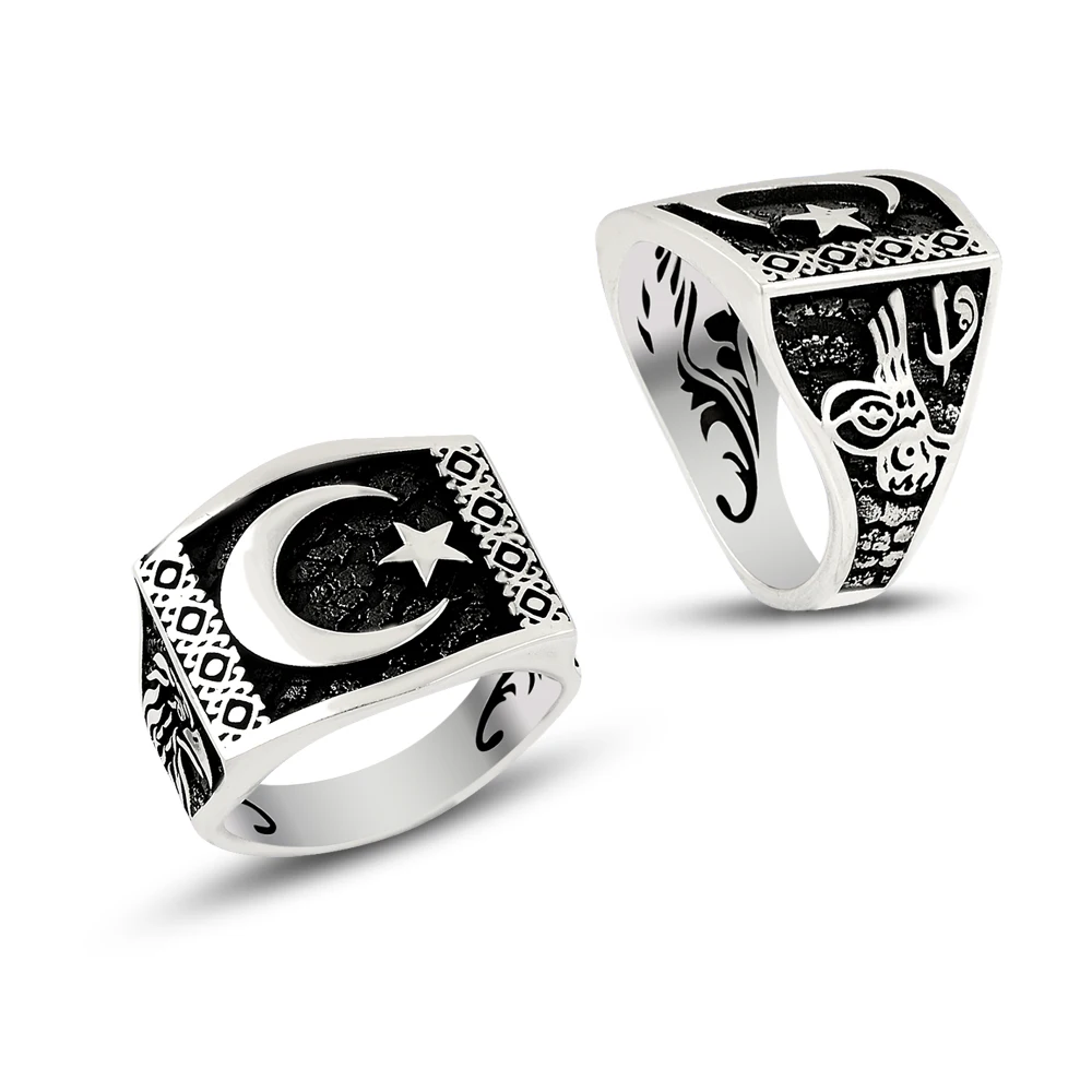 925 Silver Moon Star Ethnic Turkish Rings for Men