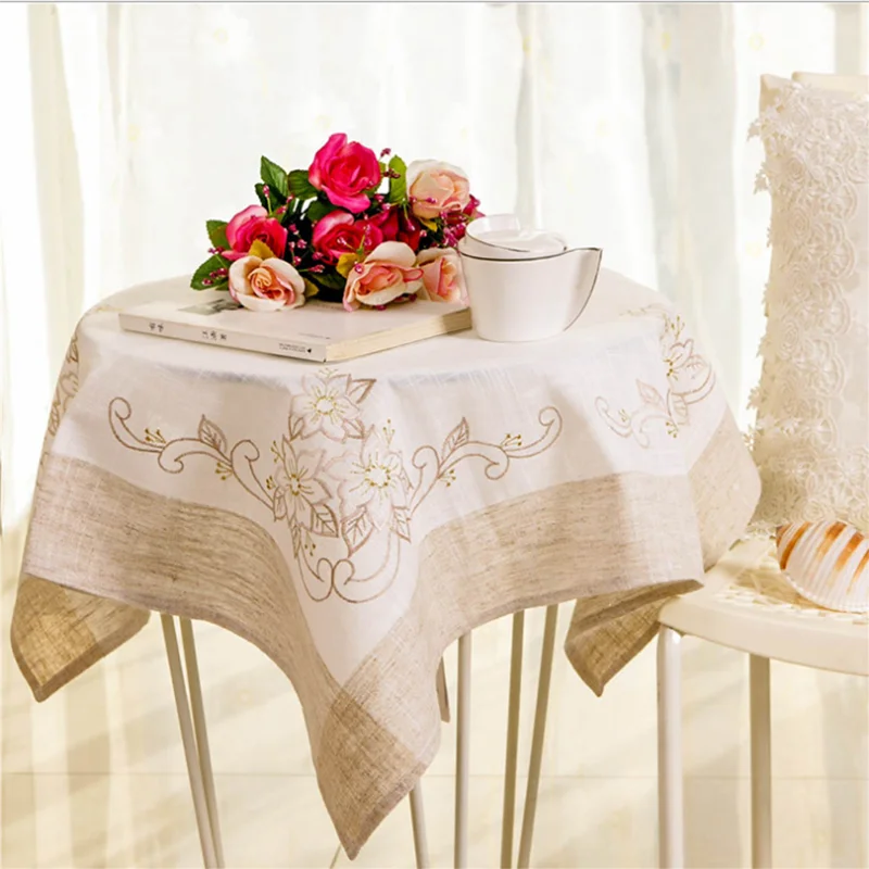 EMDKONI Simple pastoral style tablecloth embroidery household fabric embroidery gold thread linen tea table table cloth