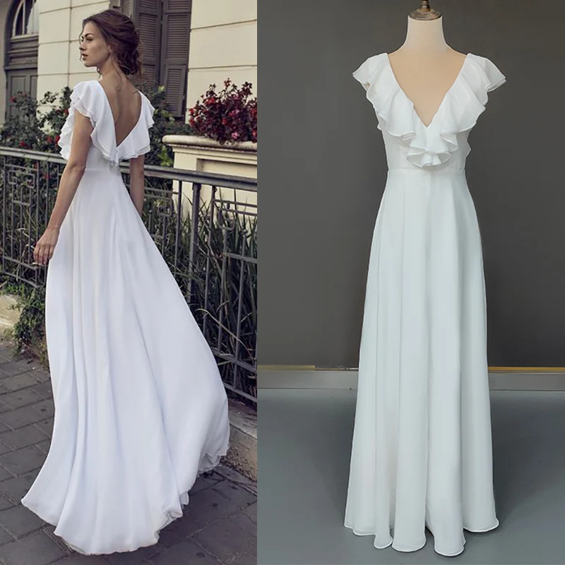 Vestido de novia de gasa con volantes y escote en V, traje de novia con espalda abierta, longitud hasta el suelo, A medida, sencillo, Maxi, sin espalda, para playa