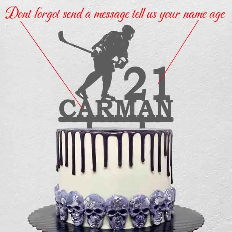 Custom Name Age Man Playing Ice Hockey Silhouette Cake Topper For Ice Hockey Fans Birthday Party Cake Decoration YC156
