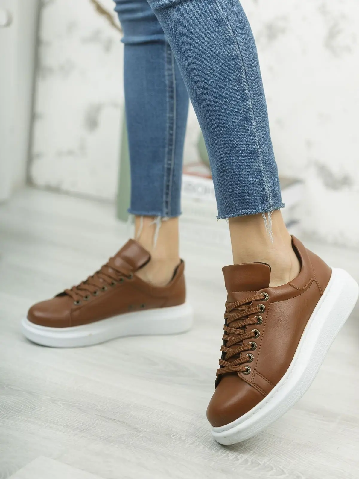 

Chekich Brown Color White Sole Lace-up Artificial Leather Women Shoes Orthopedic Odorless Eco-Friendly 4 Seasons Vegan CH257