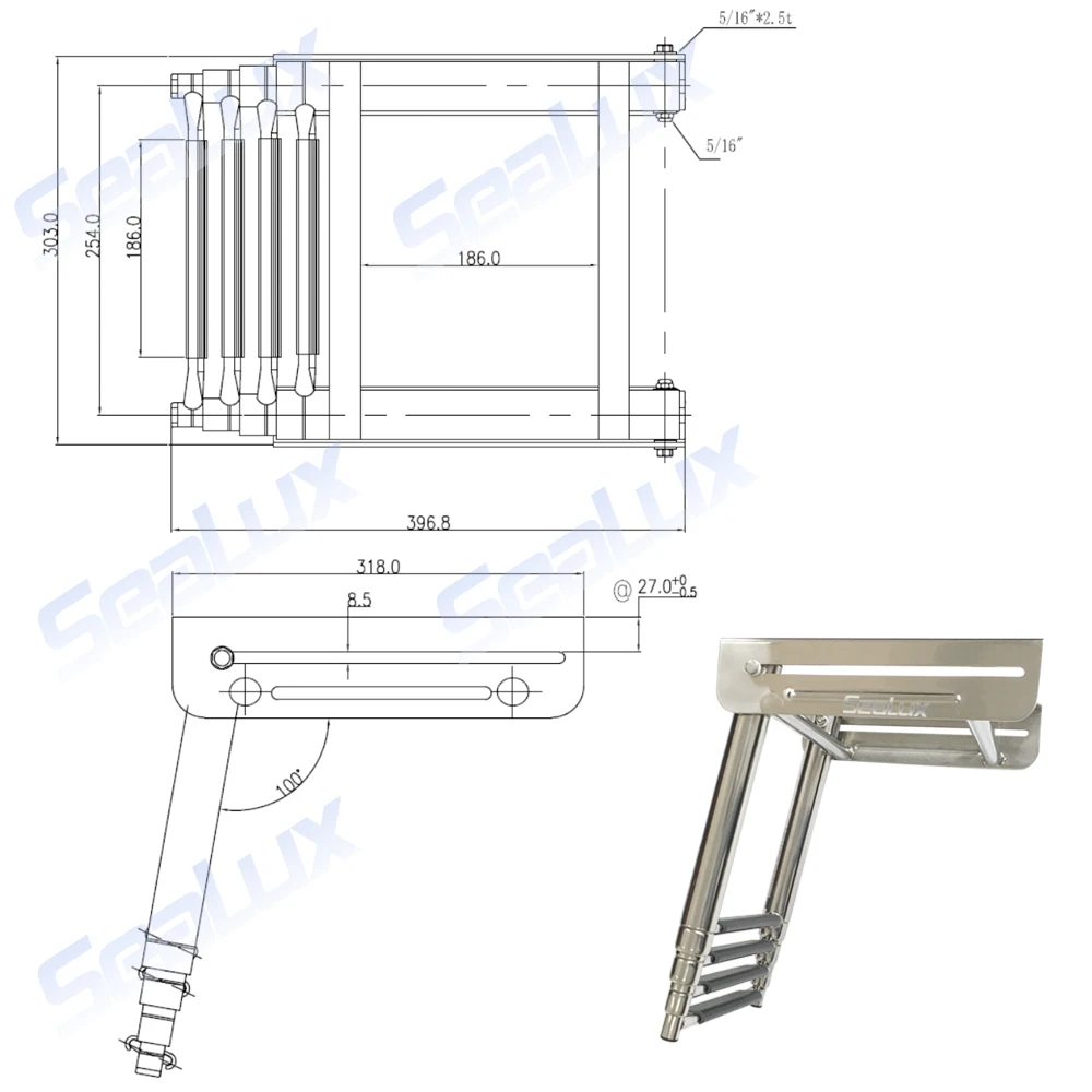 Sealux Under Platform 4 Steps Stainless Steel Telescoping Ladder Swim Step passed 400h salt spray test