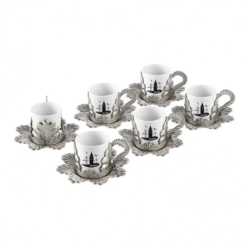 Set 6 Person Turkish Greek Arabic Coffee Espresso Galata Maiden Tower Gold Silver High Quality Zamac Porcelain Made in Turkey