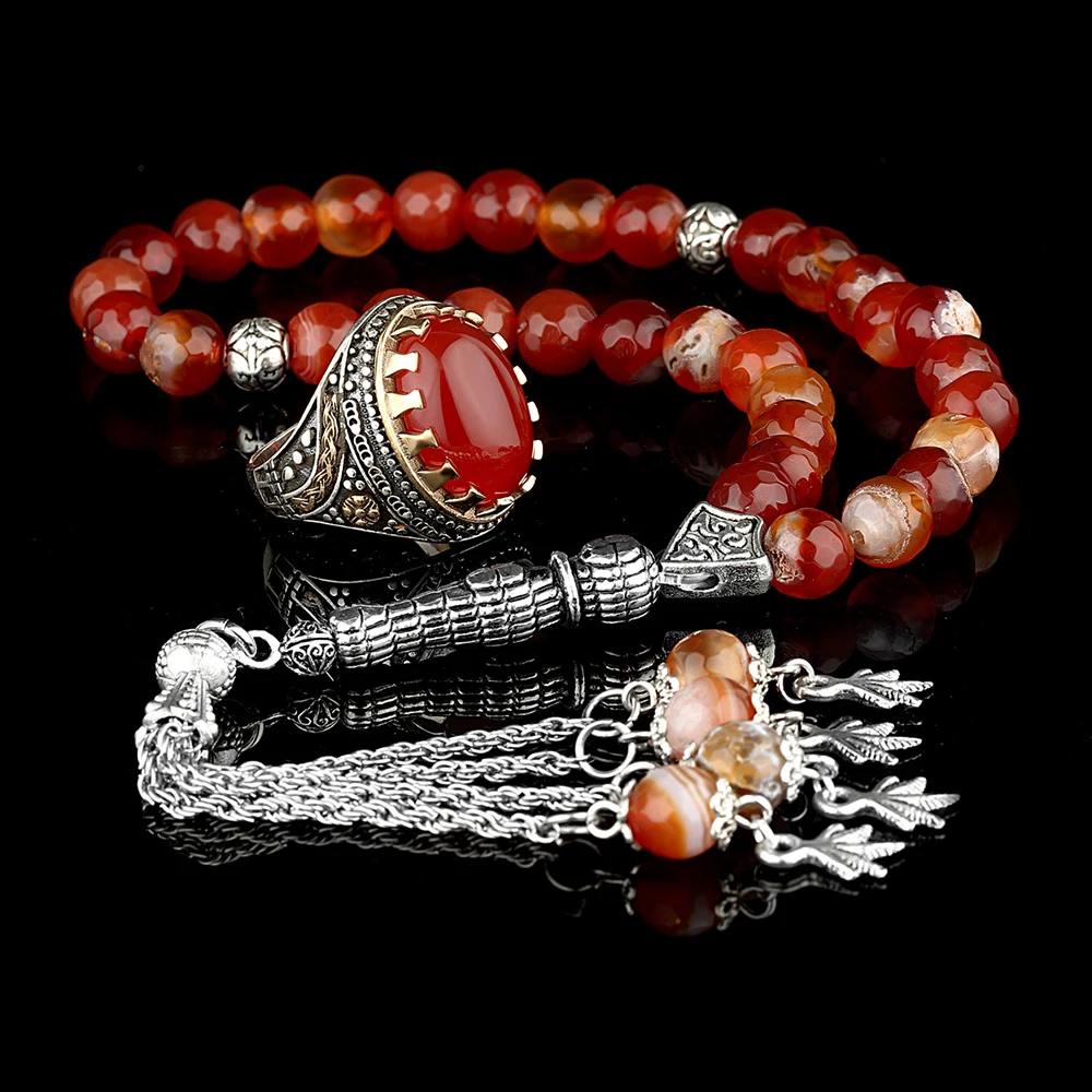 

Agate 925 Sterling Silver Men Ring and Agate Rosary Men Jewelry Sets