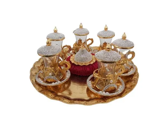 

WONDERFUL AMAZİNG Turkey authentic kitchen decor gorgeous patterned gold-colored glass cup round tray beverage set.