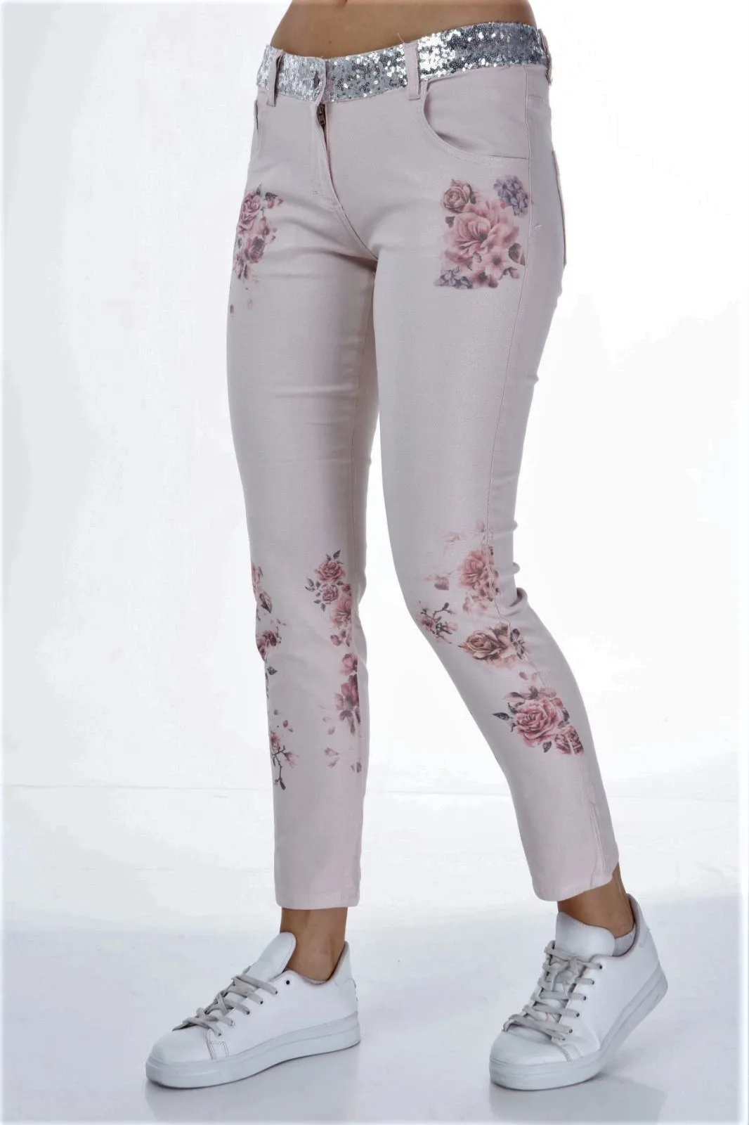 Diaves Woman New Summer Fashion High Waist Sequin Belt Flower Printed Detailed Pink Denim Pencil Jeans Pants