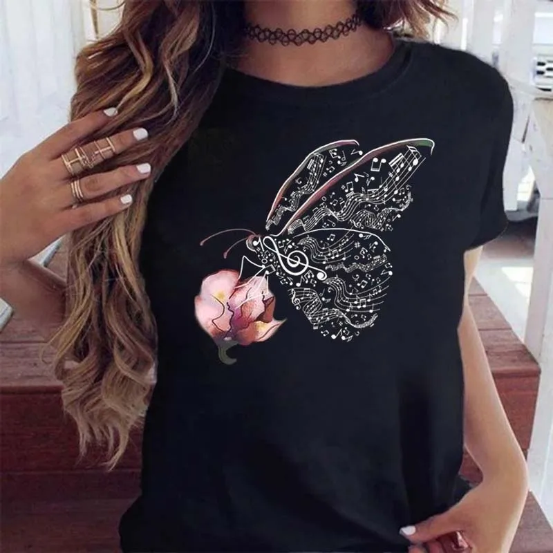 Women Flower Butterfly Fashion Print T Shirt Casual Short Sleeve Ladies T Tee Female Top Shirt Clothes Womens Graphic T-shirt