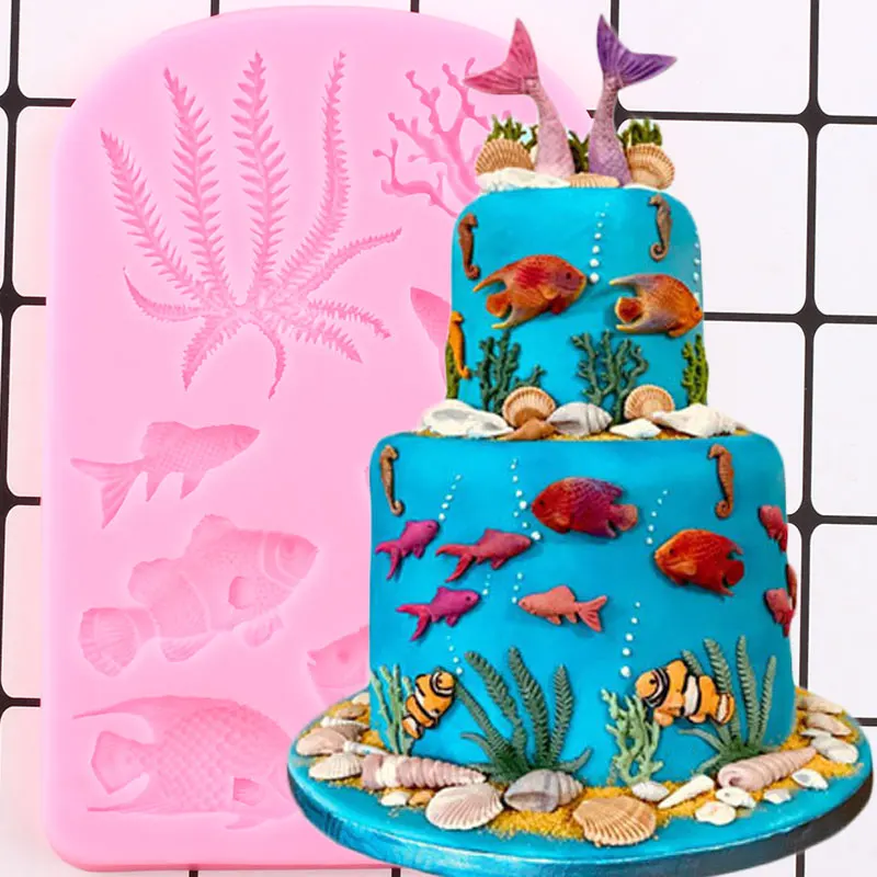 Coral Seaweed Shell Cake Border Silicone Mold Fish Fondant Cake Decorating Tools Candy Chocolate Gumpaste Moulds Kitchen Baking