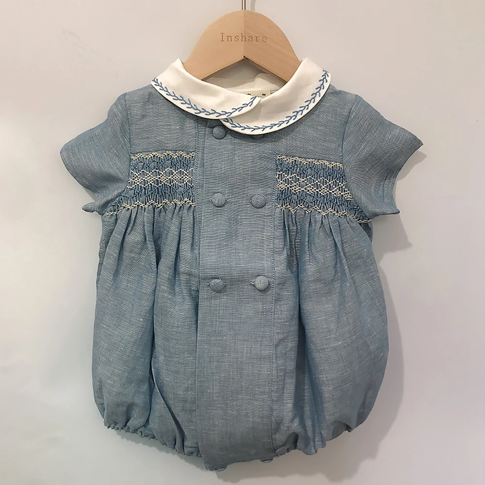 Children Boutique Clothing Baby Handmade Smocked Embroidered Onesie Summer Short Sleeve Linen Baby Bubble Rompers Boy Outfit