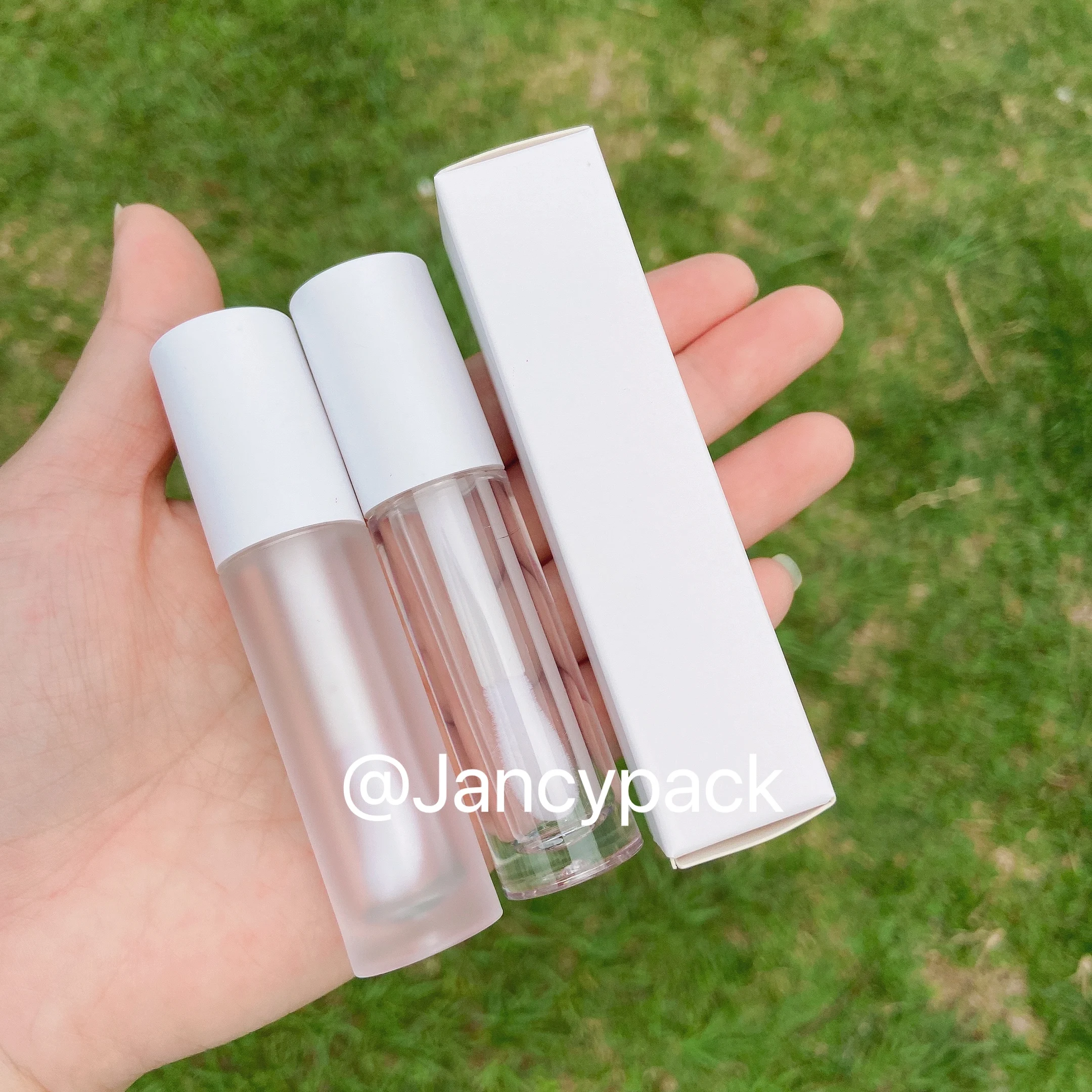 Botella transparente de plástico para cosméticos, cepillo de varita grande, tubos vacíos de brillo de labios rosa y blanco, tubo redondo para bálsamo labial, logotipo personalizado