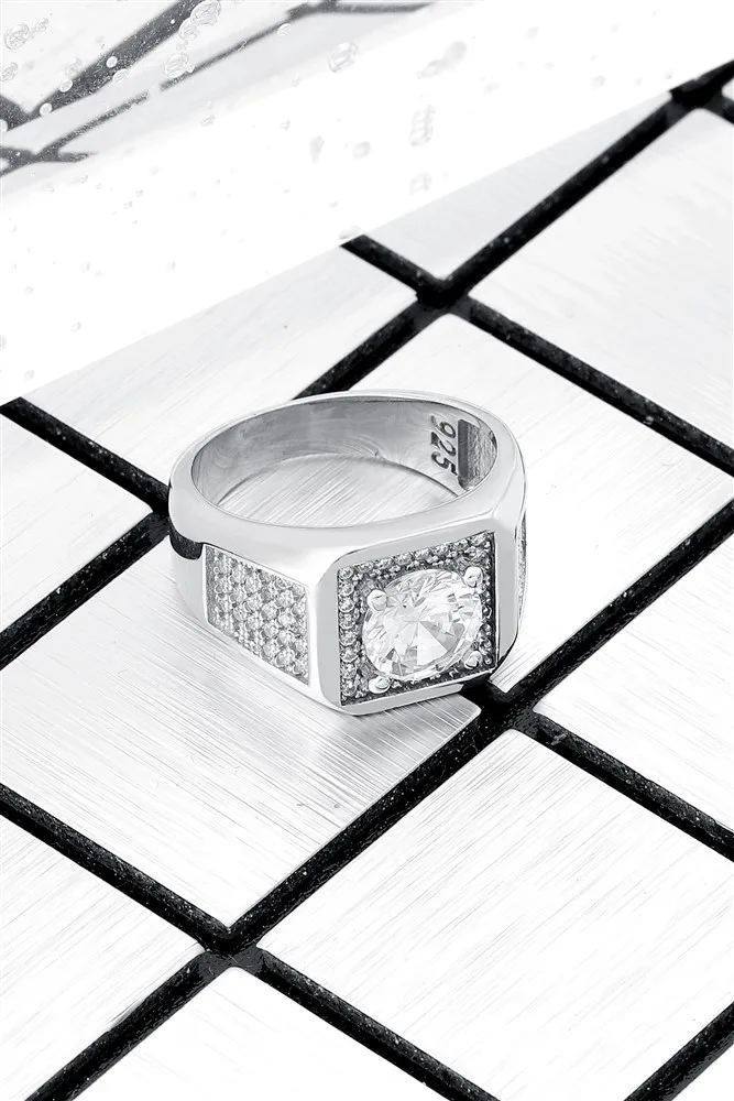 

Solid 925 Sterling Silver Chic Business Round Multi White Zircon Ring Men's High Quality Zircon Vintage Jewelry Gift For Him