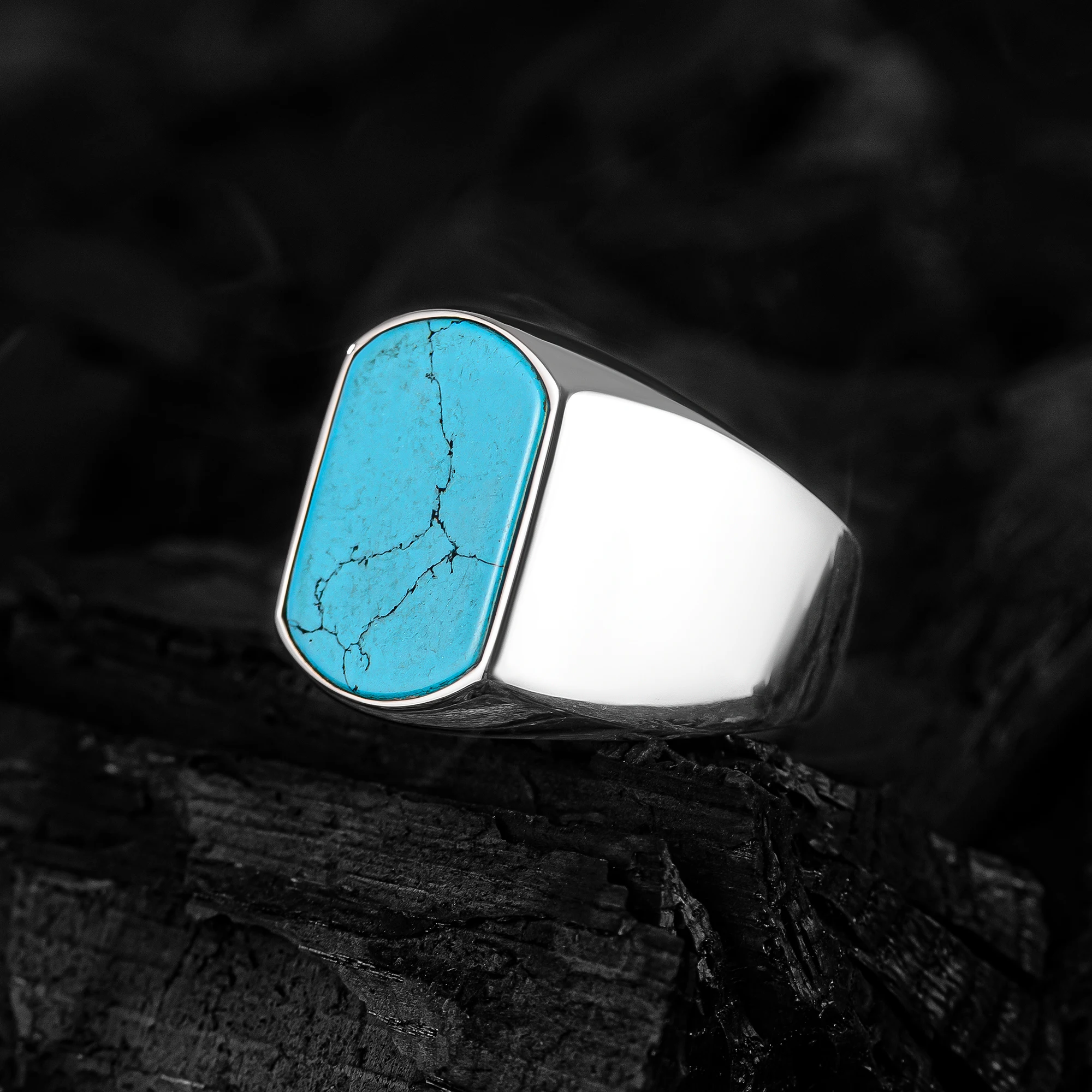 Stone Simple Ring Solid 925 Sterling Silver Men Ring with Blue Turquoise Stone Ring Handmade Raw Natural Gemstone Ring