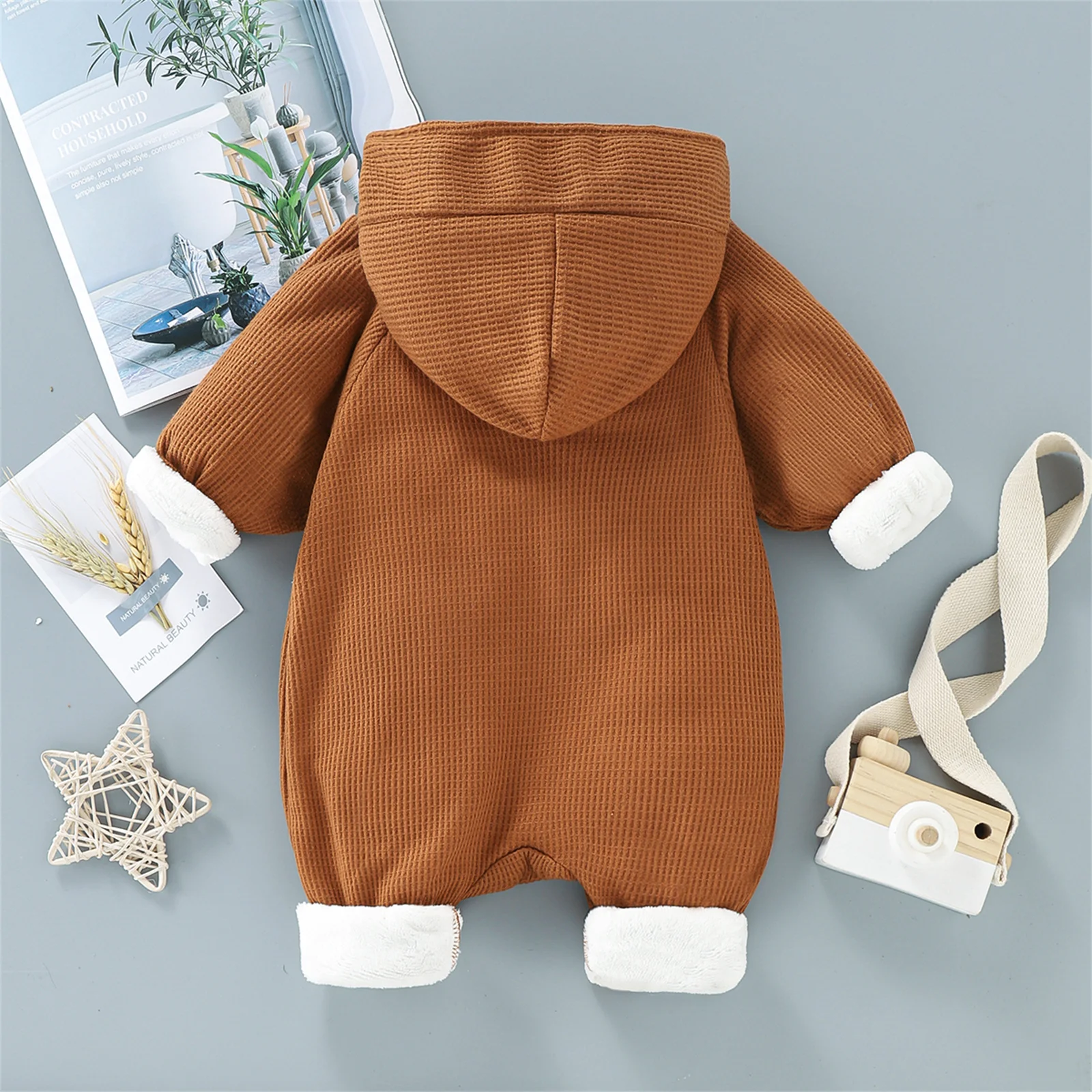 PatPat Jumpsuit wafel bertudung bayi, Jumpsuit hoodie lengan panjang tebal katun 95% lengan panjang bayi laki-laki dan perempuan