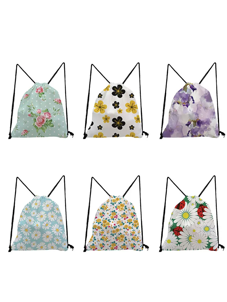 Brown Drawstring Bags Floral Printed Backpack For Teenager Unisex Portable Storage Bag Book Bag Eco Friendly Shoe Bag to School