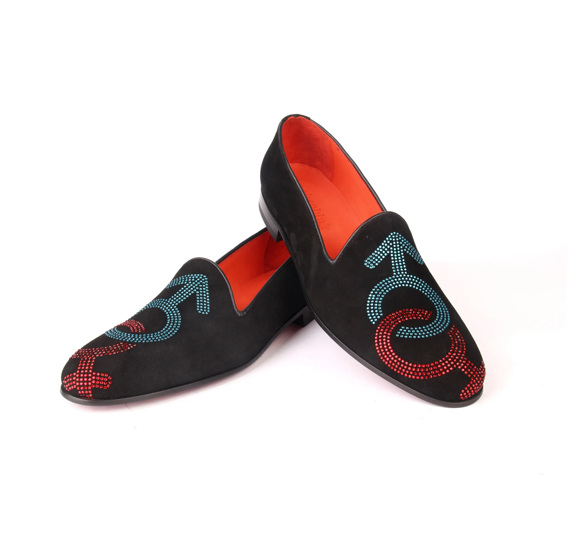 Handmade Black Suede Loafers, Real Calfskin Leather, Leathersole, Blue Red Crystal Embroidery, Slip On Designer Wedding Shoes