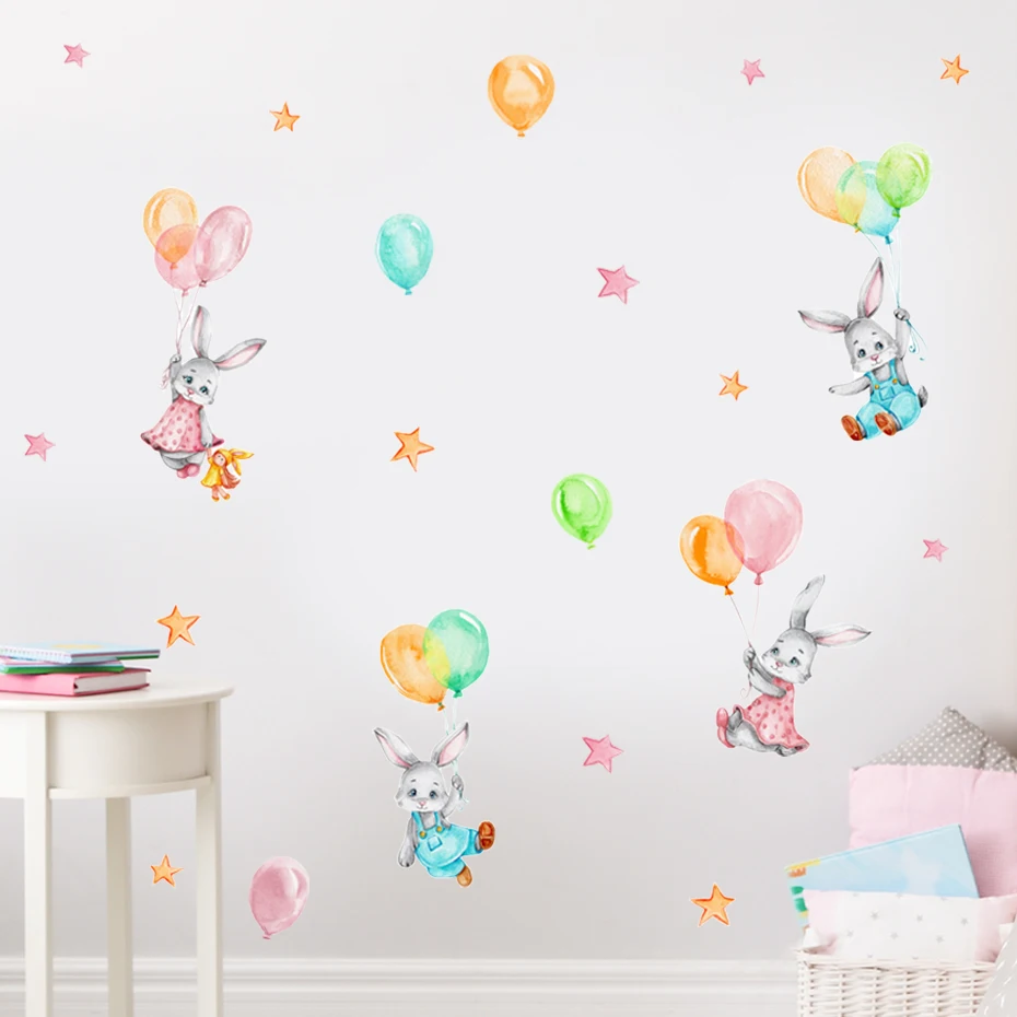 

Cartoon Bunnies Flying On Colorful Balloons Stars Wall Stickers Girls Bedroom Decor Vinyl Wall Decals Print Playroom Home Decor