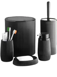 Quality Lux 5 Pcs Black Bathroom Accessories Set Striped Pattern Toothbrush Holder Toilet Brush Liquid Soap Dispenser Soapholder