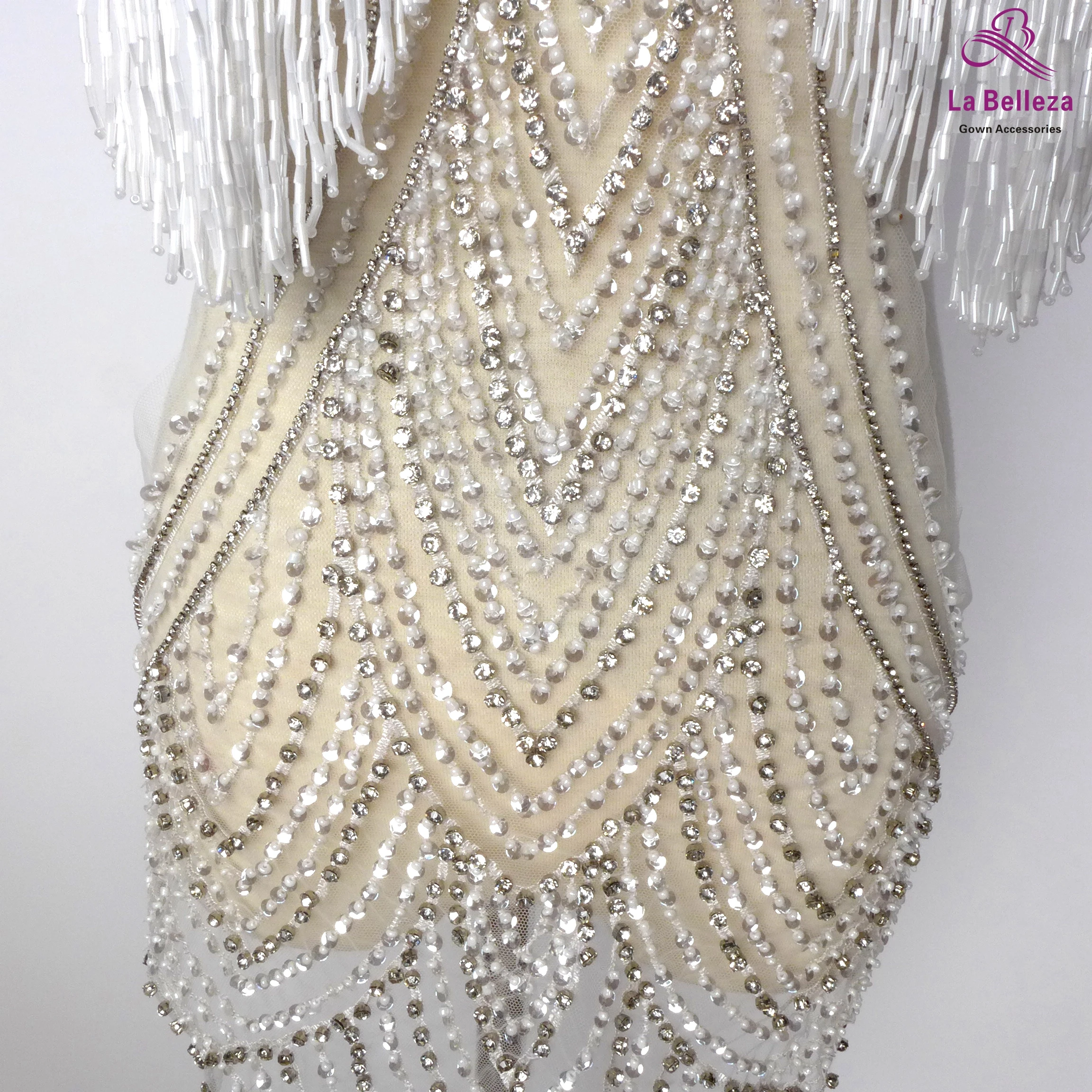 La Belleza luxury large piece handmade,White beads crystal Rhinestones patch wedding dress bling applique accessories 80x42CM