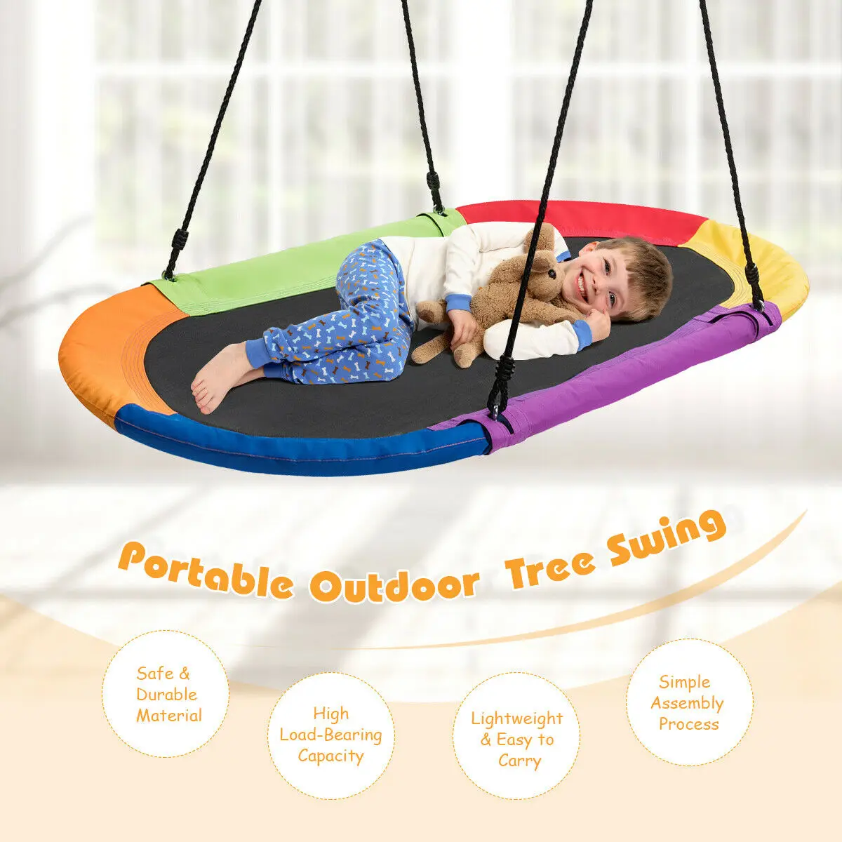 Conjunto de balanço oval gigante infantil, 60 polegadas, para áreas externas, molinete, plataforma oval