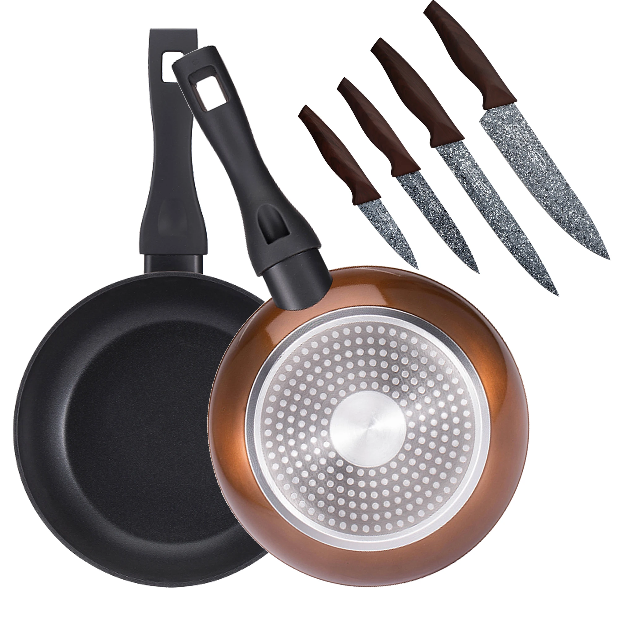 Set of pans (20,24cm) in Wrought aluminium and 4 kitchen knives SAN IGNACIO collection Neon Classic brown