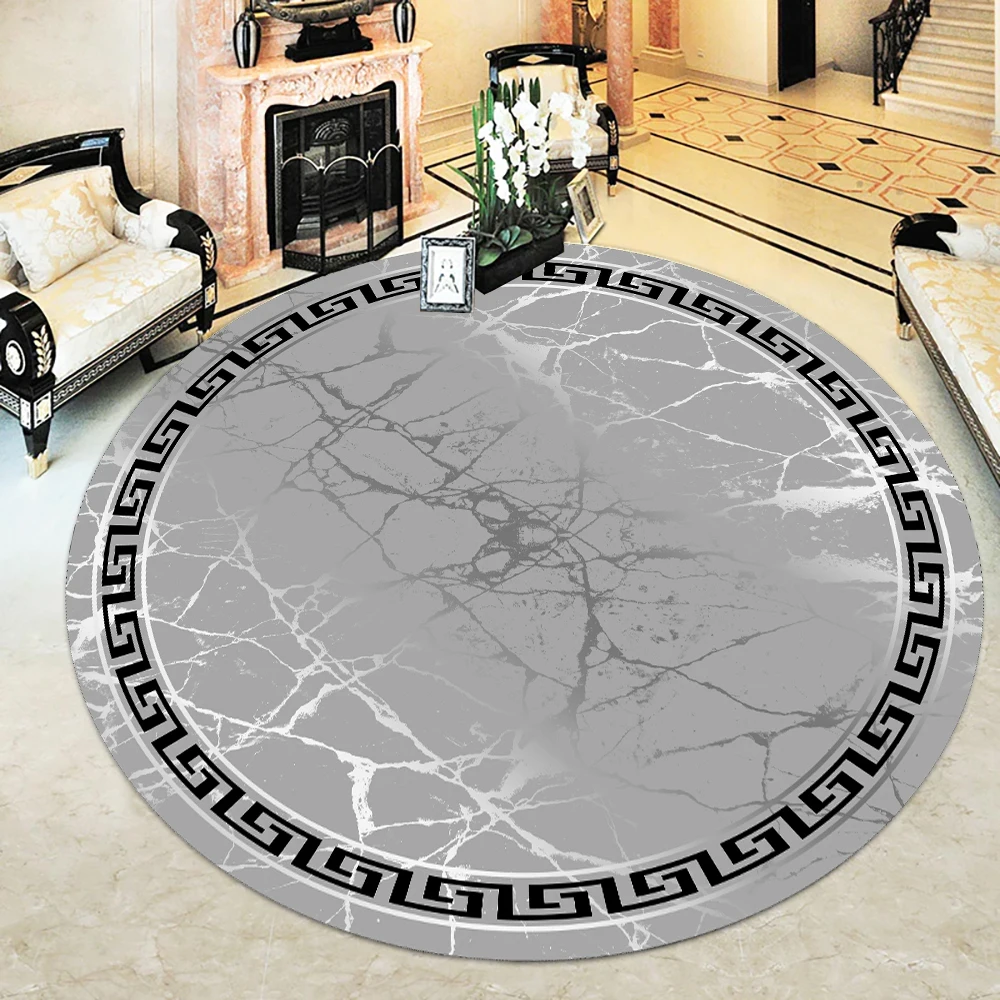 Washable Round Carpet Slip-Resistant Faux Leather Outsole Trend Model Silver Marble Stripe Dust Stain-resistant Carpet