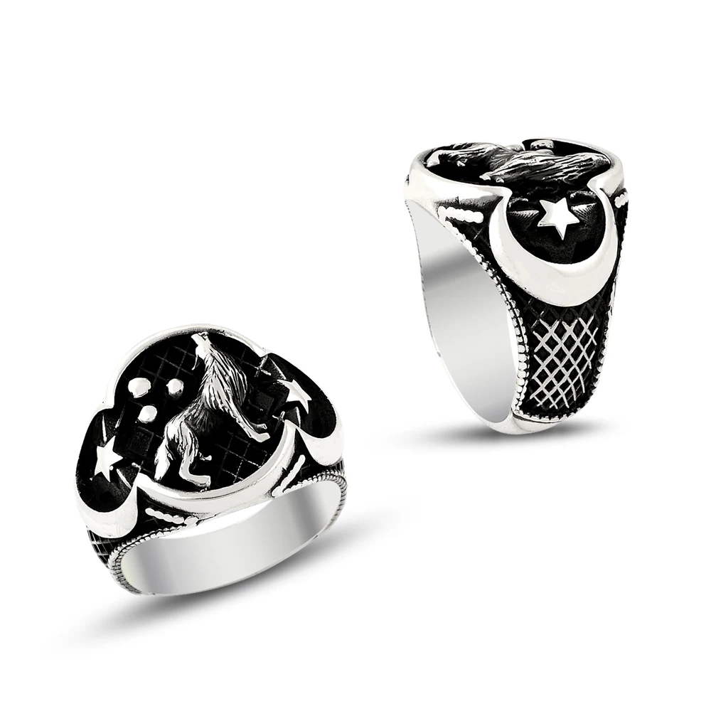 925 Silver Embossed Moon Star Turkish Rings for Men