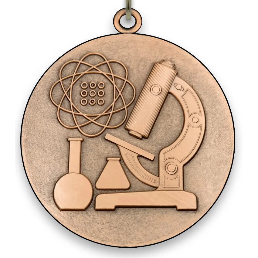 Large Metal Science Bronze Medal - 6,4 cm - with Neck Ribbon size 2,2cm x 80 cm - Choice of Ribbon Colours.