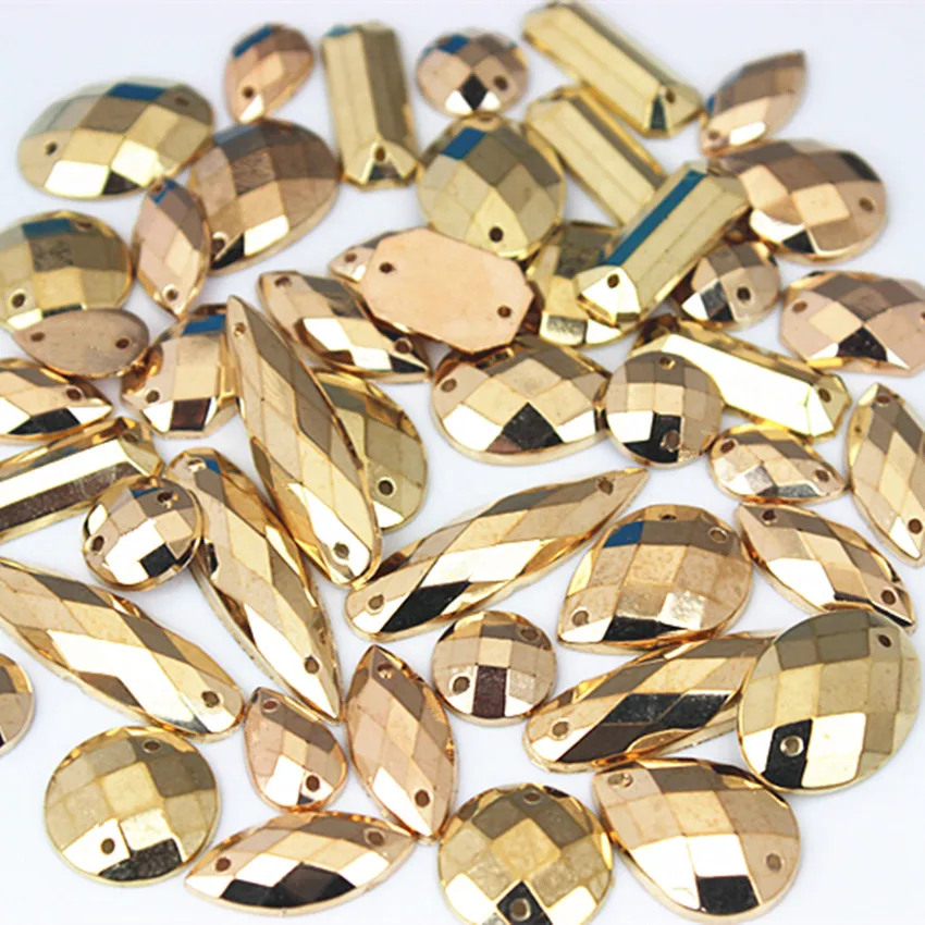 Micui 100PCS Mix Shape Size Golden Acrylic Rhinestones Flat Back Crystals Stones Sewing Crystals Strass For Clothes Crafts MC225