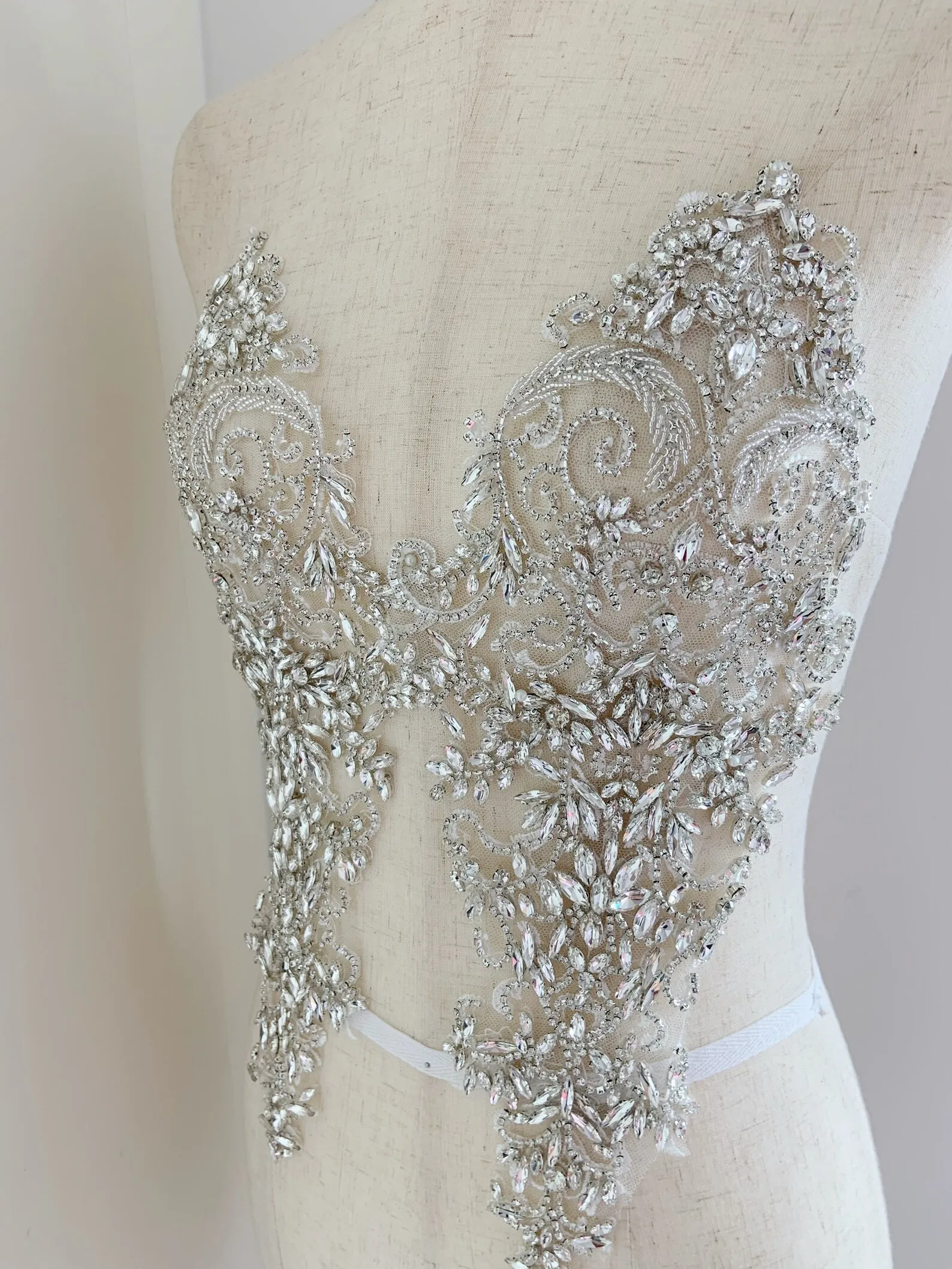 2pcs Silver Rhinestone Bodice Applique Heavy Rhinestone Crystal Bodice Patch for Couture and Dance Costume