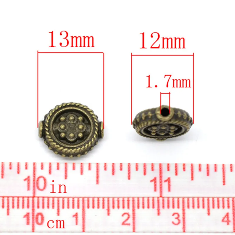 30pcs DoreenBeads Zinc Alloy Spacer Beads Flat Round Antique Bronze Dot Carved DIY Jewelry About 13mm x 12mm, Hole:Approx 1.7mm