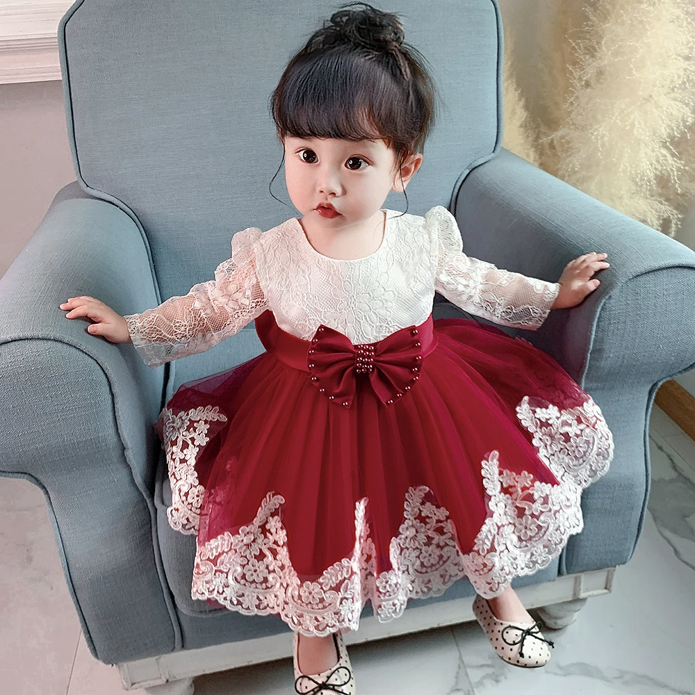 Vestidos de manga larga para niña recién nacida, vestidos de fiesta de boda para niña, vestidos de encaje con lazo grande, vestido de bautismo de