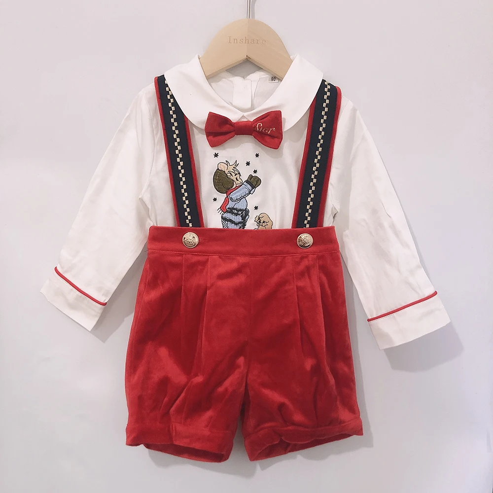 2Pcs Children Boutique Clothing Boys Birthday Party Set Long Sleeve Cartoon Embroidered Shirt Straps Shorts BABI Lovely Suit