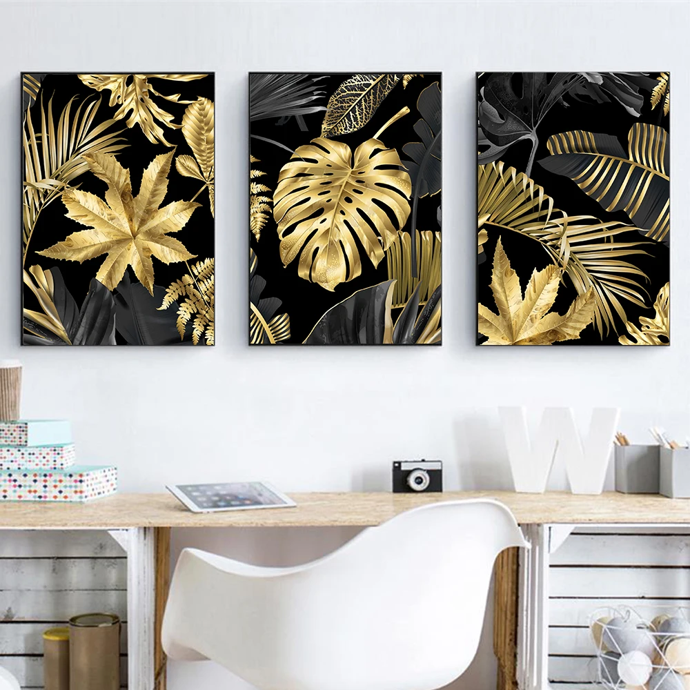 

Black Gold Tropic Plant Leaf Posters and Prints Gold Leaves Canvas Painting Modern Nordic Wall Art Picture For Home Decoration